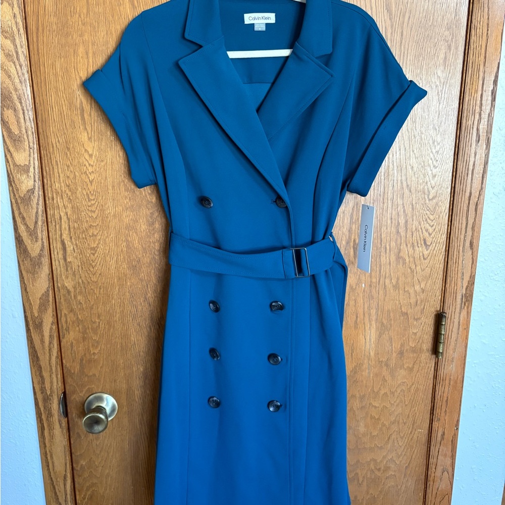 Calvin Klein Teal Double-Breasted Belted Midi Dress